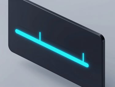 Sleek dark-mode UI mockup of a video timeline with glowing electric blue keyframes, isometric view