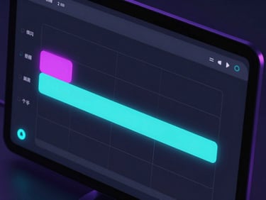 Close-up screen capture of an AI video timeline interface, neon ambient backlighting, high-contrast dark aesthetic