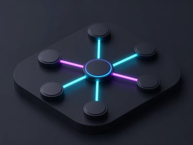 Sleek dark-mode UI mockup of data flow nodes with glowing neon connectors, isometric view