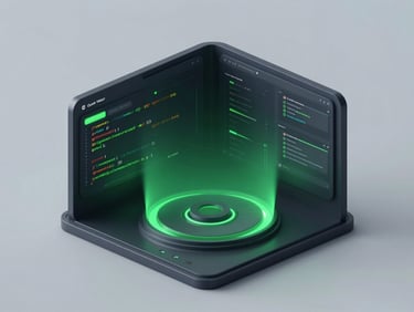 sleek dark-mode 3D render of a code optimization dashboard, toxic green ambient glow, isometric view