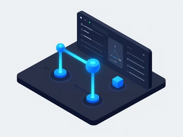 Isometric 3D render of a dark-mode vector editor interface, glowing electric blue nodes, high contrast UI