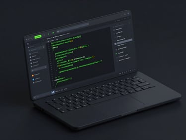 Sleek dark-mode 3D render of a code editor dashboard, glowing toxic green syntax highlighting, isometric view