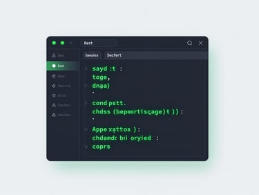 Sleek dark-mode UI mockup of a code editor with glowing toxic green syntax highlighting, isometric view