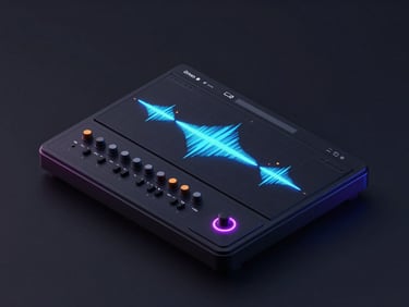 sleek dark-mode 3D render of an audio wave editor interface, vibrant neon accent lighting, isometric view