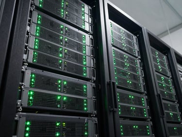 Immaculately organized enterprise server rack with glowing emerald green status lights, shot from a low technical angle in a secure data center.
