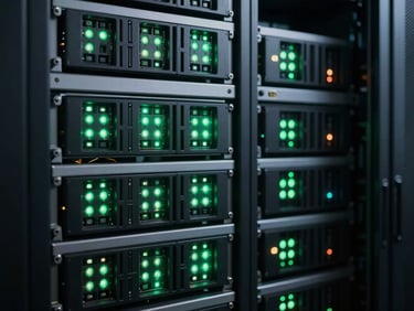Macro technical photography of an immaculately organized enterprise server rack, sharp emerald status lights blinking, cool dark ambient lighting, high-contrast technical precision.