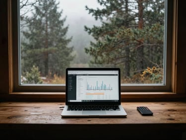 Remote workspace with a wooden desk and a laptop showing charts, looking out a cabin window at misty pine forests, moody lighting
