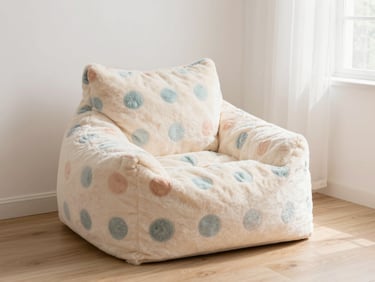 Pattern faux fur bean bag lounger in a teen bedroom corner, soft diffused daylight, cozy, pastel accents, clean composition.
