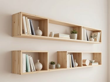 Narrow wall-mounted floating book rack filled with books and small decor items, organized, soft diffused daylight, light natural wood, clean composition.