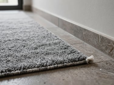 Close-up of a fine wool carpet edge meeting a stone floor threshold in a high-end Mexico City residence, cool grey pile in sharp focus, precise seam, north-light from a nearby window