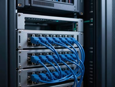 Cool-toned architectural photography of clean server racks with precise blue cabling, macro depth of field, sharp low-key technical lighting
