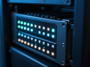 Close-up of modern server hardware with glowing status LEDs, low-key dramatic lighting, deep blue and teal tones