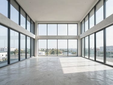 Symmetrical wide-angle shot of a newly constructed luxury apartment interior, spotless glass windows, clean concrete floors, bright daylight.
