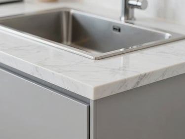 Extreme close-up of a sanitized marble kitchen island, sharp focus on clean glass edges and spotless stainless steel fixtures, cool daylight.