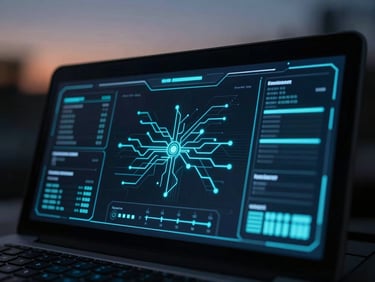 Sleek dark-mode technology photography, dramatic low-key twilight lighting, deep charcoal and electric cyan accents, sharp macro lens focusing on a high-tech security dashboard interface displaying clean data visualization, glowing telemetry lines, and neural network bounding boxes.