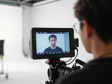 Close-up of a director monitoring a bright, sun-drenched commercial set on a camera screen, modern studio environment.