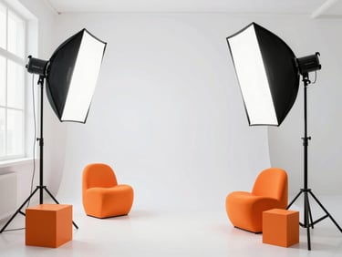 Bright editorial photography of a clean studio setup with studio lights, soft white diffusion, and vibrant orange props.