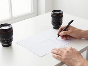 Hands arranging clean minimalist storyboards on a white table next to a camera lens, bright natural light.