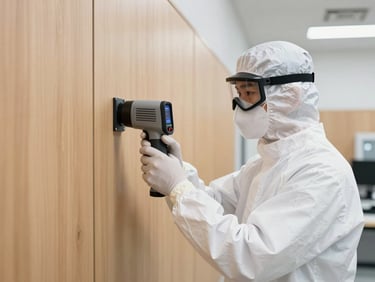 A professional technician wearing a clean white uniform and protective gear, using a high-precision thermal imaging camera on a wooden wall panel, bright sterile lighting, daylight-balanced.
