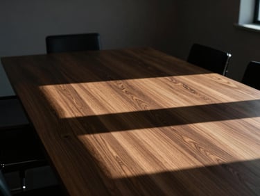 A high-contrast architectural crop of a minimalist boardroom, crisp daylight casting long clean shadows across a dark oak table.