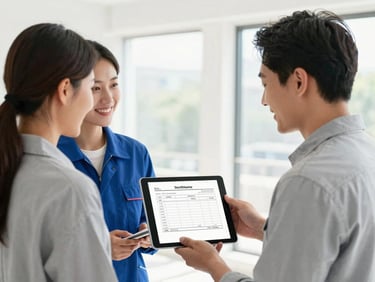 A technician showing a tablet with a clear digital invoice to a homeowner, both smiling. Bright, natural daylight.