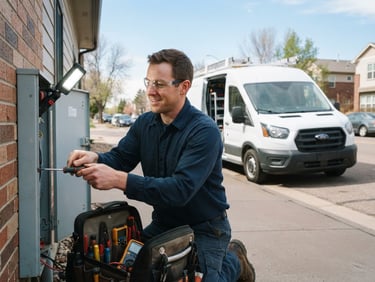 Local Denver technician with tools, illuminated by bright utility light, clean service van visible in background, 35mm lens, crisp commercial photography