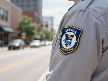 A close-up of a technician's hand displaying a certification badge on their uniform sleeve, with a blurred Denver street scene in the background. Crisp commercial photography.