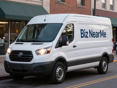 A clean, modern service van with Biz Near Me branding parked on a Denver street at dusk, its headlights on, conveying readiness. Crisp commercial photography.