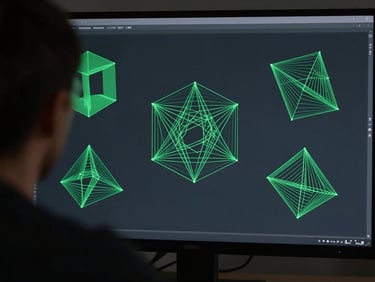 over-the-shoulder perspective of a developer working on abstract geometric wireframes, deep slate and forest green accents, dim studio lighting