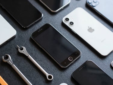 Crisp top-down flat lay of organized refurbished smartphones and repair tools on a clean dark slate workbench