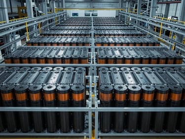 industrial photography, massive battery banks in a heavy manufacturing plant, wide symmetrical shot, cool ambient light, 50mm
