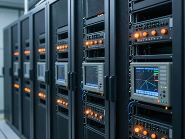 industrial photography, clean server room environment, cool blue-gray ambient tones, sharp orange indicator lights, precise digital oscilloscopes