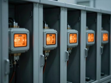 industrial photography, high-contrast cool ambient light, macro technical details of hospital power backup systems, sharp orange highlights
