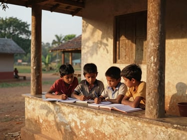 Warm documentary photography of children studying together on a porch in a rural Tamil Nadu village, golden-hour sunlight casting long soft shadows, 35mm lens.
