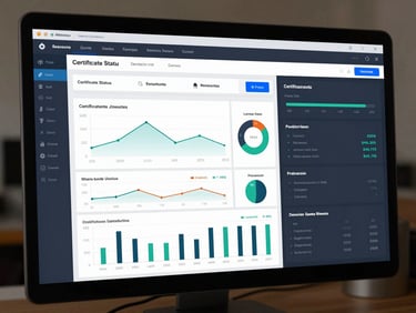 A crisp, high-fidelity UI mockup of a security dashboard displaying certificate status charts, renewal timelines, and domain health metrics.