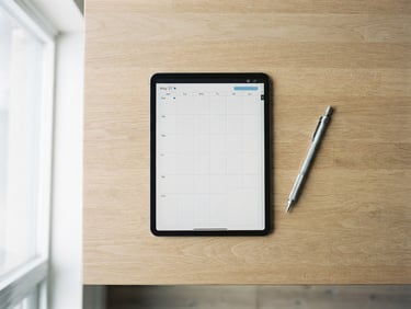 Overhead flat-lay of a minimalist wooden desk, a clean digital planner open on a tablet screen, a mechanical pencil, soft natural light from the side, desaturated tones with a single blue accent, 35mm