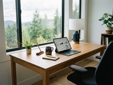 Bright editorial photography of a clean, modern Pacific Northwest workspace, natural daylight streaming through a window onto a wooden desk, a tablet showing a document, soft shadows, 35mm.