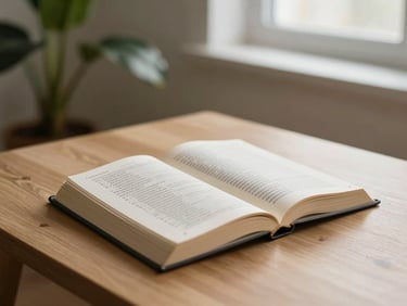 Open Christian book with a structured reading plan on a minimalist wooden desk, soft morning light, a green plant in the background, shallow depth of field.