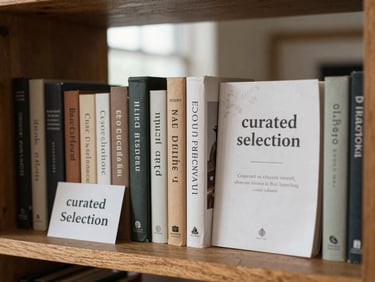 Collection of beautifully bound Christian motivational books on a wooden shelf, a small card indicating 'curated selection', soft ambient light.