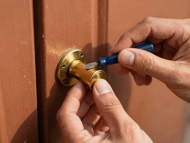 Macro shot of skilled hands gently working on a brass door cylinder with a clean, precise tool, natural golden-hour light, shallow depth of field, terracotta tones