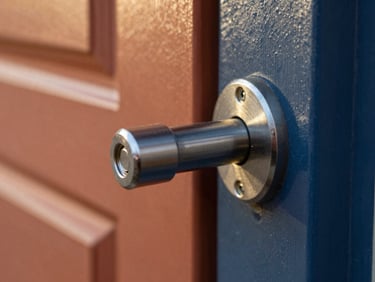 Tight macro shot of a new high-security lock cylinder being installed into a door, clean tools arranged neatly, warm natural light, shallow depth of field, 35mm