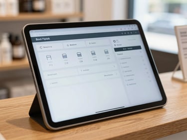 Close-up of a clean retail dashboard interface displayed on a tablet screen, resting on a wooden counter in a brightly lit boutique shop, natural daylight.