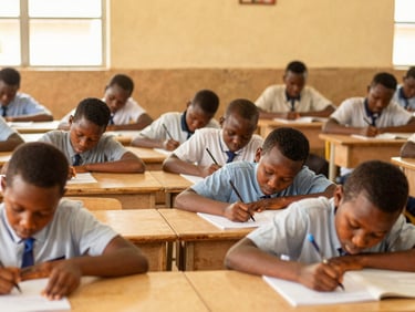 Orderly classroom in Abidjan, focused students writing exams under bright natural light, warm golden tones, sharp focus.