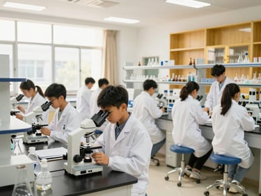 Wide shot of a modern, clean science laboratory at school, students in white coats conducting experiments with microscopes under natural daylight.