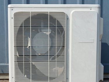 Impeccable outdoor air conditioning unit, clean technical photography, natural daylight, 35mm lens