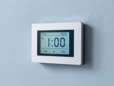 Digital thermostat interface displaying temperature, modern clean wall, soft lighting, cool blue tones