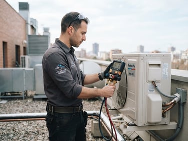 Plano medio de un técnico de climatización uniformado trabajando de perfil en un entorno real, ajustando una unidad exterior impecable con herramientas de medición digital de precisión. Luz natural clara y limpia de tonos ligeramente fríos, enfoque nítido.