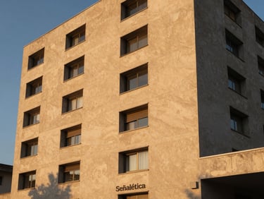 Señalética exterior de gran formato instalada en fachada de hormigón, luz dorada de atardecer, acabado impecable.