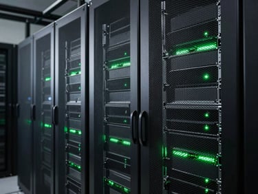 High-contrast architectural details of modern server racks in a secure data center, cool-toned low-key lighting with sharp cyber-green directional highlights.