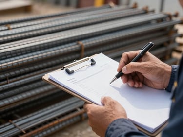 Close-up documentary photo of a construction worker's hands logging material inventory on a clipboard at a site warehouse, stacked steel rebar in the background, natural midday light, shallow depth of field